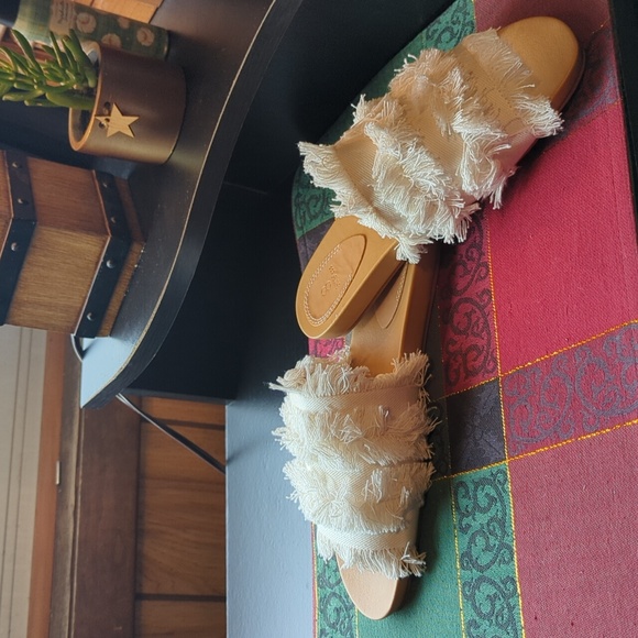 Bill Blass Megan slip on sandals white fringe Boho Women's 7.5 leather NEW NWB - Picture 7 of 9